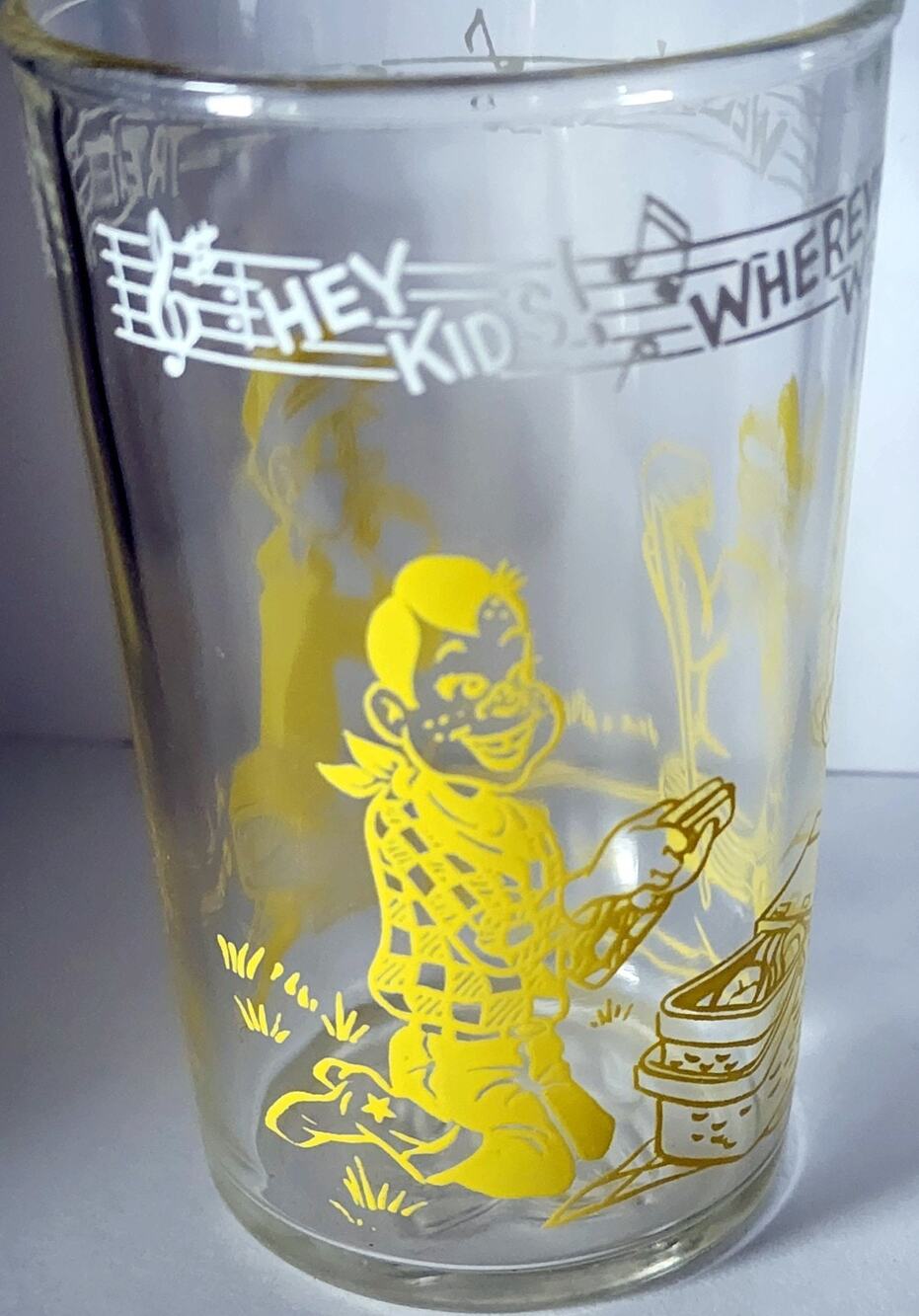 1953 Welch’s Glass HOWDY DOODY Hey Kids Where Ever We Eat Song Clear & Yellow